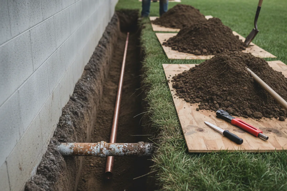 Excavated water line trench during Sewer Line Repair in Coal Creek